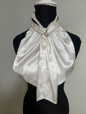 Stock Tie in Ivory Satin with Decorative Brooch and black ribbon